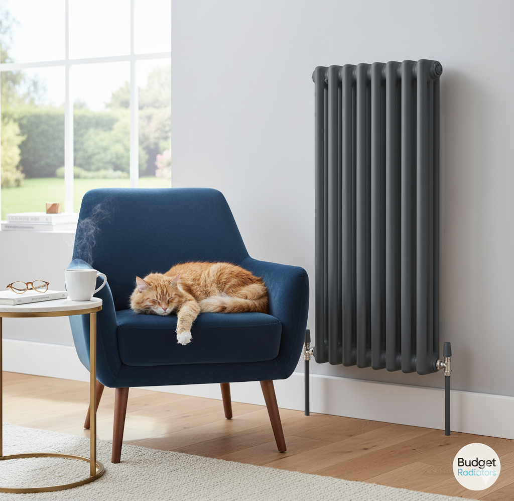 Stylish white column radiator in a modern living room setting.